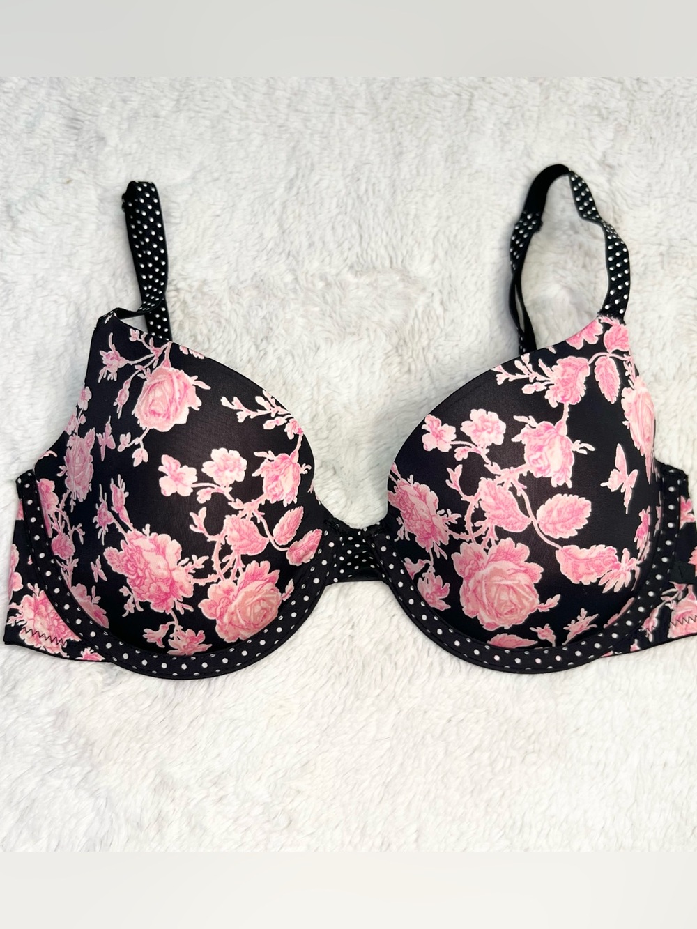 Victoria’s Secret Black & Pink Floral Polka Dot Lined Demi T-Shirt Bra Size 32D